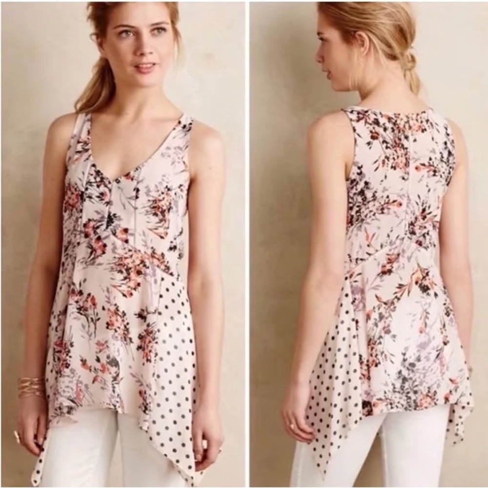 Vanessa Virginia Anthropologie Floral Polka Dot Handkerchief Hem Tank Top Size 6